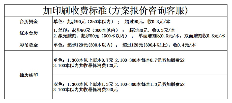 新年台历加印收费标准